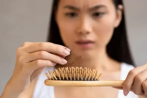 Upset Millennial Asian Woman Holding Hairbrush Showing Shedding Hair